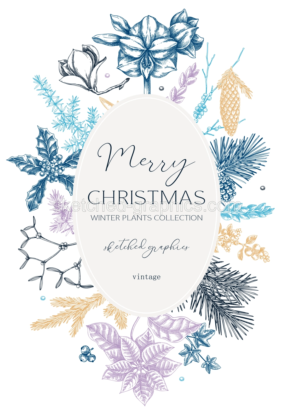 Merry Christmas card design in color. Winter wedding invitation template. Conifer trees, winter flowers sketches. Hand drawn floral illustration. NOT AI generated Illustration